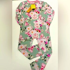 NWT Little Girls Pink Green Floral Soft Bamboo Long Sleeve Pajamas Set 12, 14